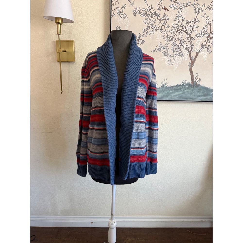 Ralph Lauren Womens Shawl Collar Cardigan Sweater Striped Blue Red Grey Large
